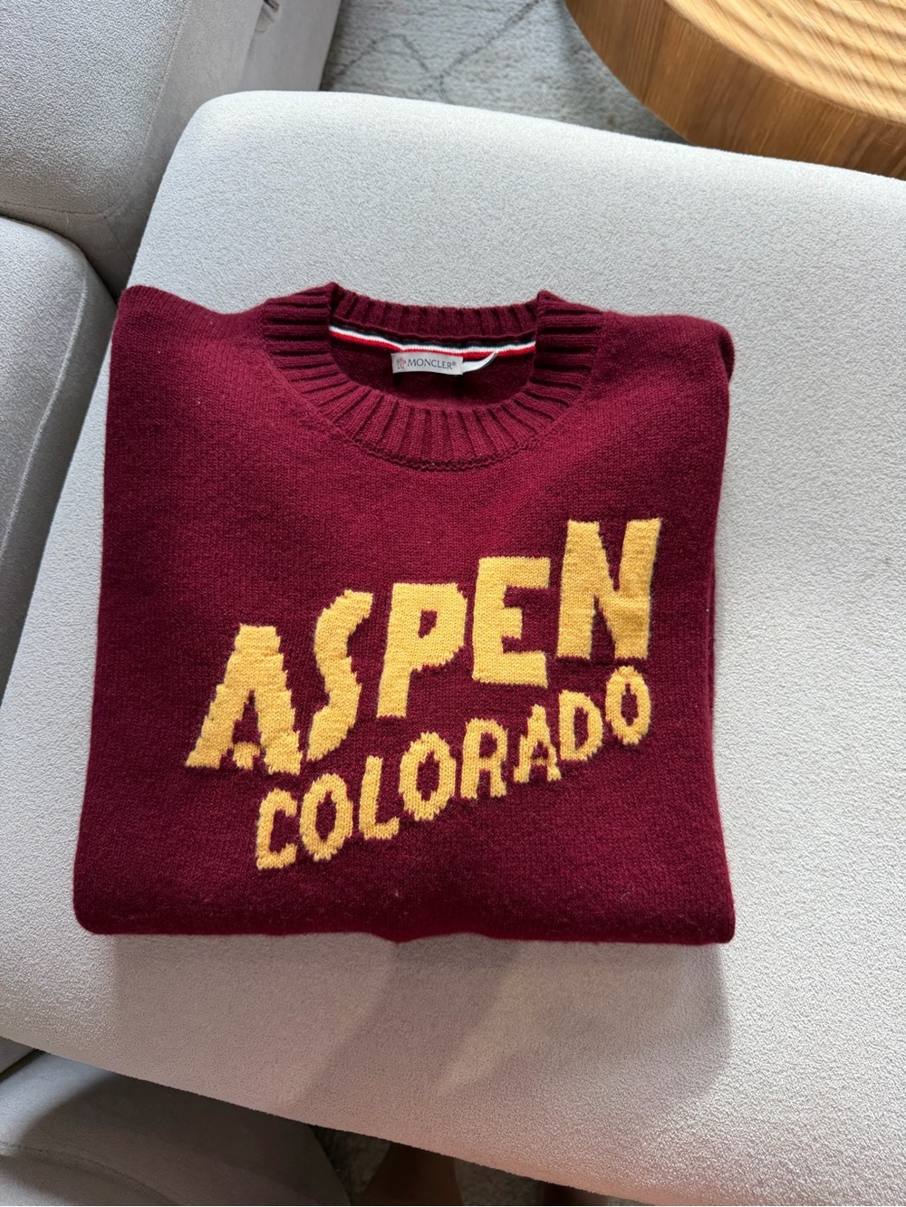 Moncler Men's Crewneck Sweater in Burgundy with Yellow Aspen Colorado Graphic